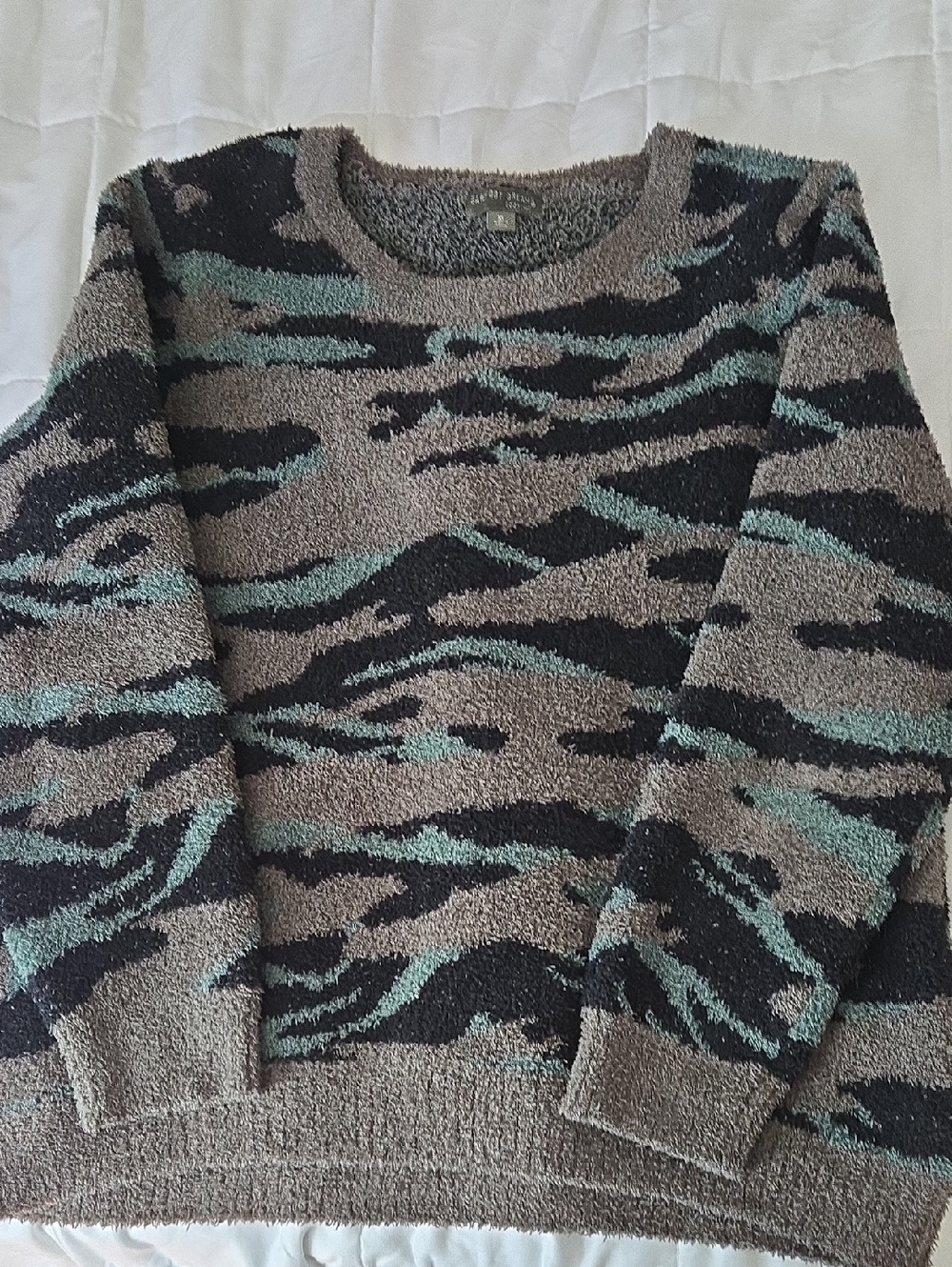 Barefoot Dreams Textured Knit Camouflage Sweater in Taupe, Black & Teal